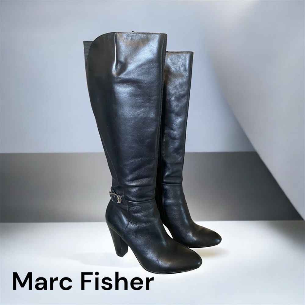 Vintage Y2k Marc Fisher Black Leather Knee High Buckle Heel Boots Sz 7.5 M
